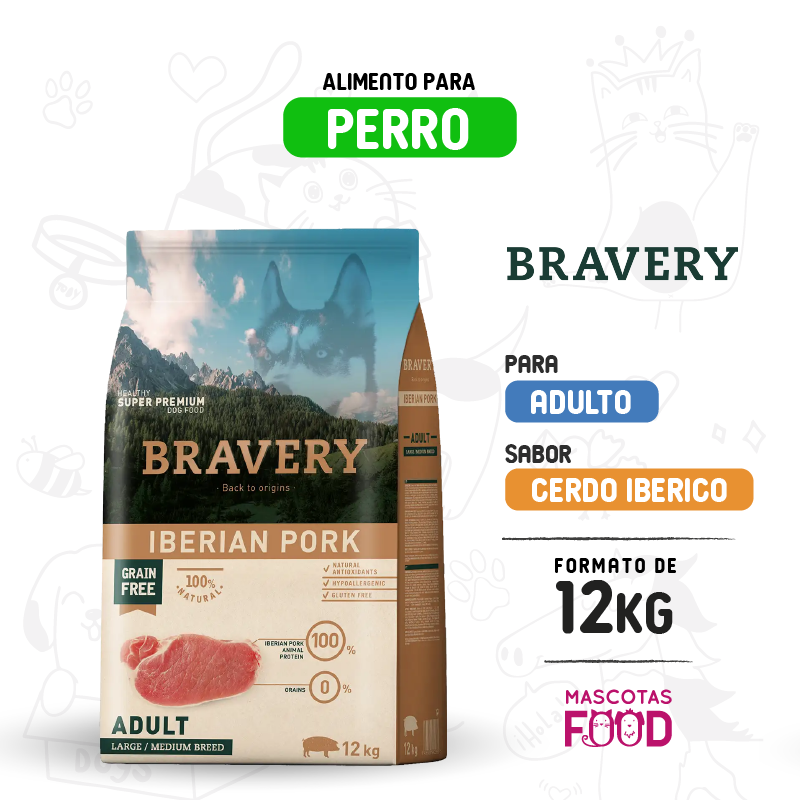 Bravery para Perro Adulto sabor Cerdo Ibérico 12 KG