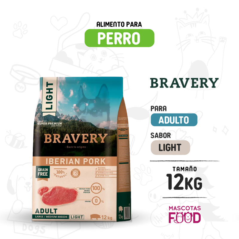 Bravery para Perro Adulto sabor Cerdo Ibérico LIGHT 12 KG