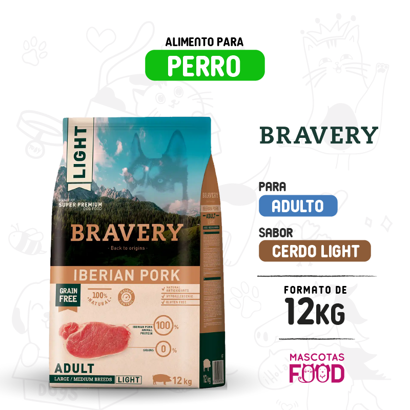 Bravery para Perro Adulto sabor Cerdo Ibérico LIGHT 12 KG