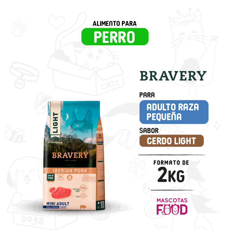 Bravery para Perro Mini-Adulto sabor Cerdo Ibérico LIGHT 2 KG