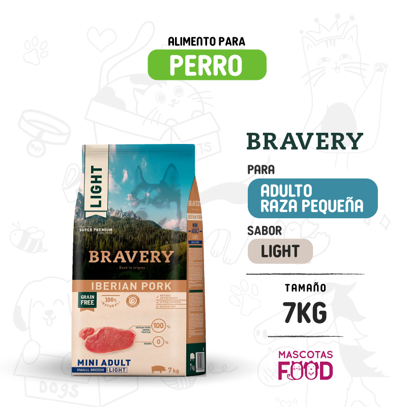 Bravery para Perro Mini-Adulto sabor Cerdo Ibérico LIGHT 7 KG