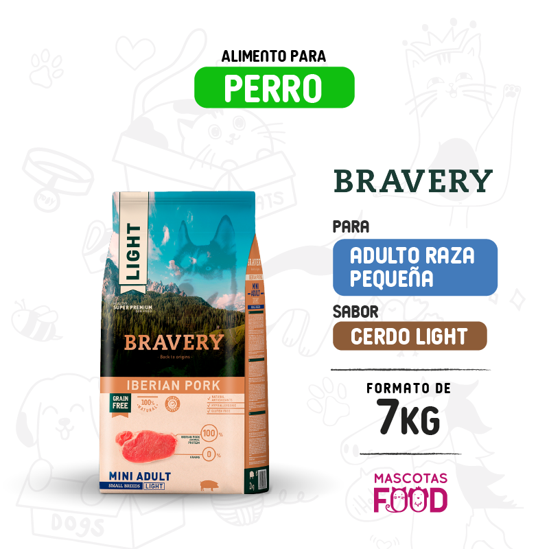 Bravery para Perro Mini-Adulto sabor Cerdo Ibérico LIGHT 7 KG