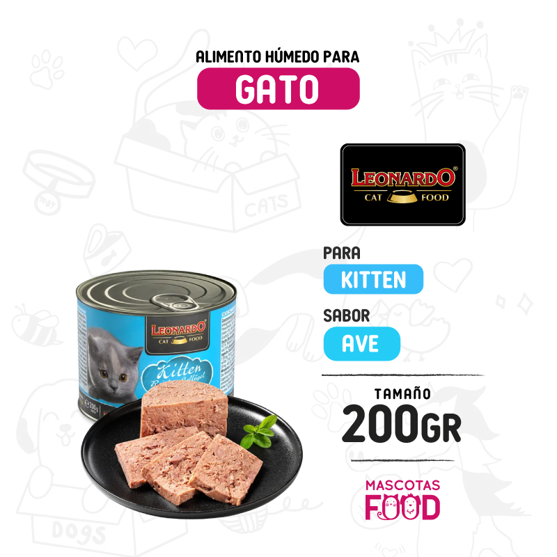 Alimento húmedo para Gatito Kitten Leonardo sabor Ave 200 GR