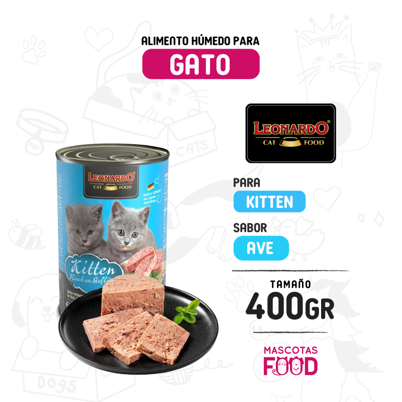 Alimento húmedo para Gatito Kitten Leonardo sabor Ave 400 GR