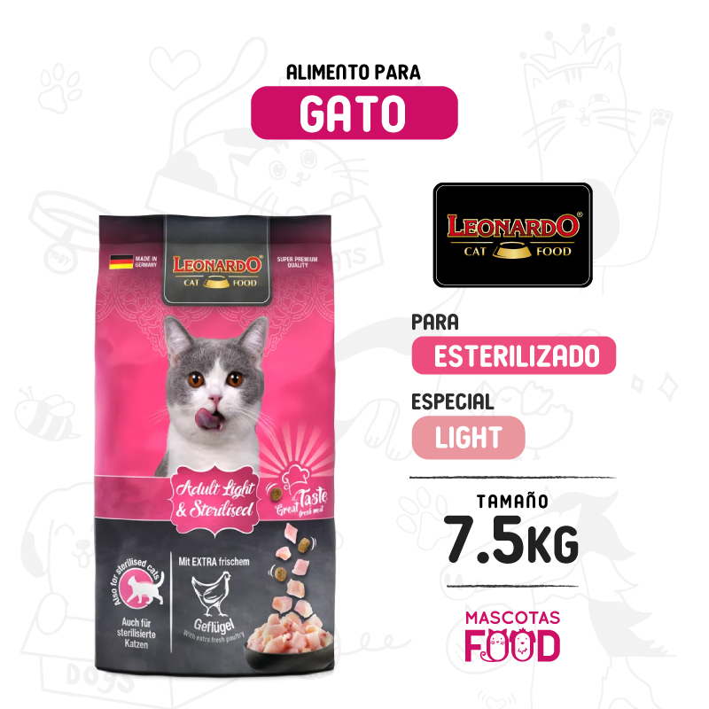 Leonardo para Gato adulto LIGHT o Esterilizado sabor Pollo 7.5 KG