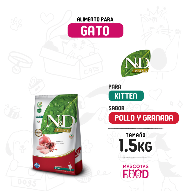 N&D Prime para Gatito Kitten sabor Pollo y granada 1.5 KG