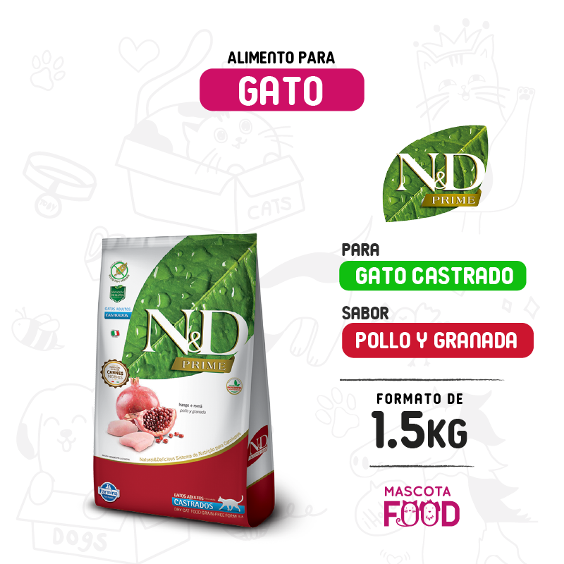 N&D Prime para Gato castrado sabor Pollo y granada 1.5 KG