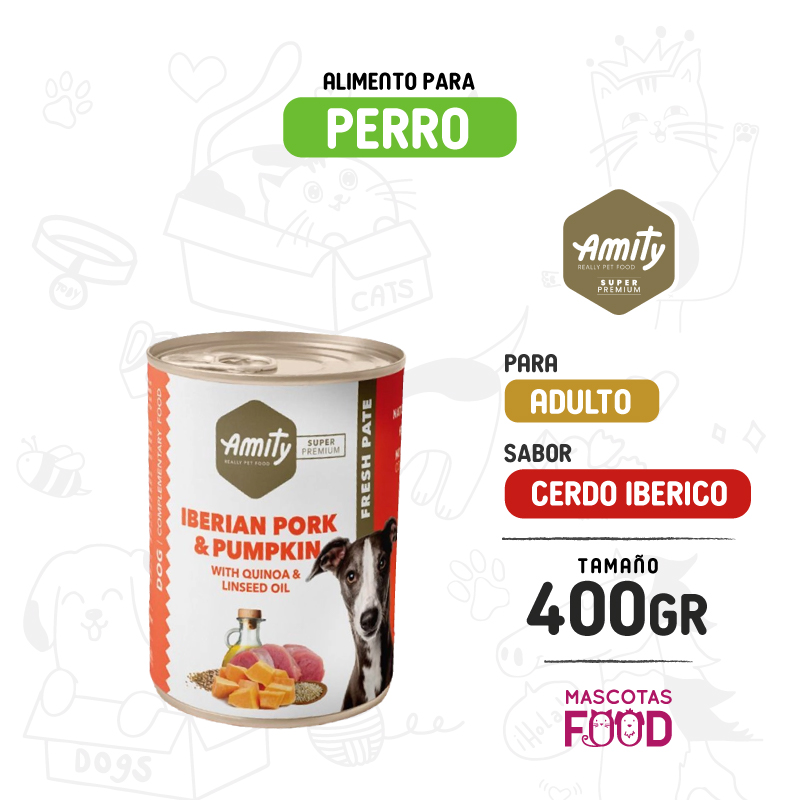 Alimento húmedo para perros Amity Sabor Cerdo iberico con Calabaza 400 GR