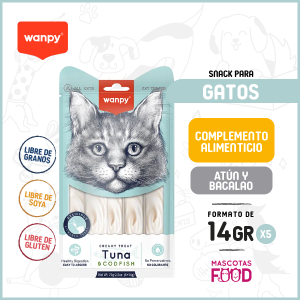 Snack para Gatos Creamy Treat Wanpy Sabor Atún y bacalao 70 GR.