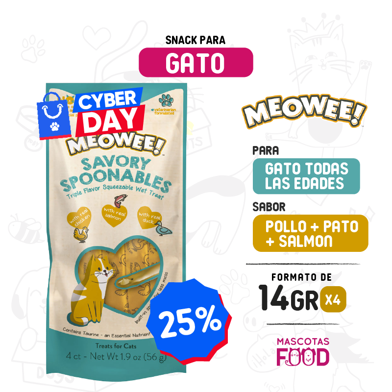Inicio 48 Snack cuchareable meowee! Sabor Salmon, pollo, y pato 4x14GR