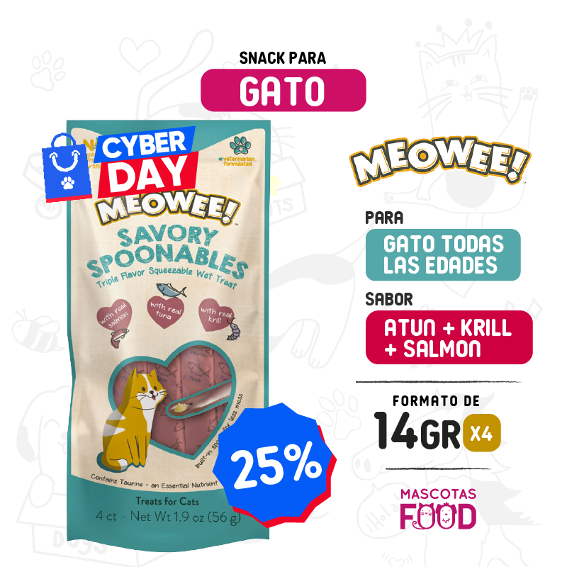 Inicio 32 Snack cuchareable meowee! Sabor Atún, Salmón, y camaron 4x14GR