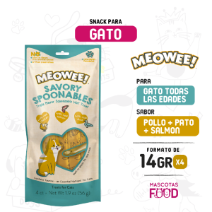 Snack cuchareable meowee! Sabor Salmon, pollo, y pato 4x14GR