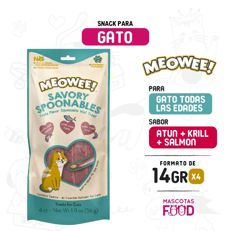 Meowee! cuchareable Sabor Atún, Salmón, y camaron 4x14GR