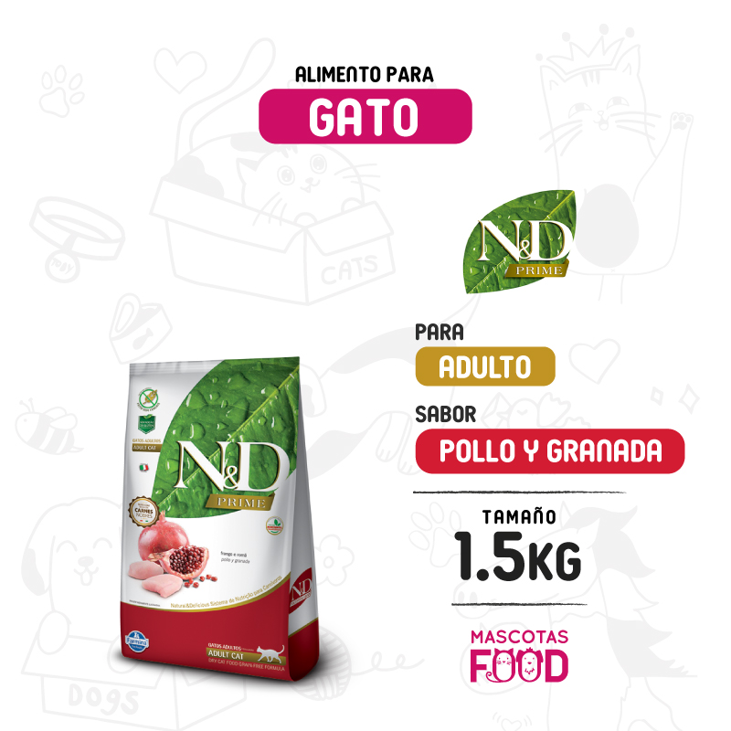 N&D Prime para Gato adulto sabor Pollo y granada 1.5 KG