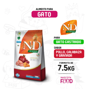 Alimento para Gato Castrado N&D Sabor Pollo, calabaza y granada 7.5 KG
