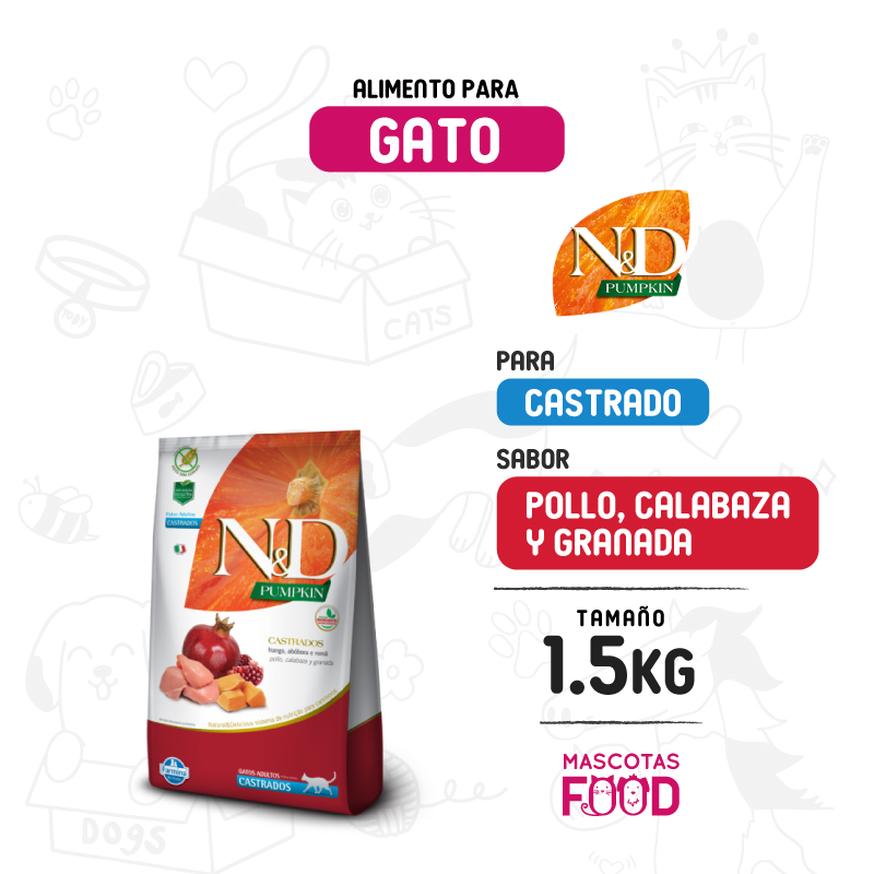 N&D Pumpkin para gato castrado sabor Pollo, calabaza y granada 1.5 KG
