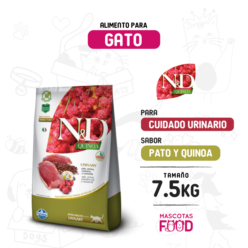 N&D Quinoa Urinario para Gato adulto sabor Pato manzanilla 7.5 KG