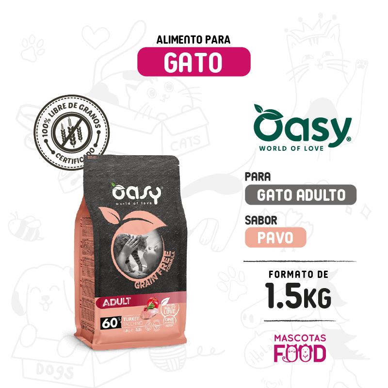 Oasy para Gato adulto libre de granos sabor pavo 1.5KG