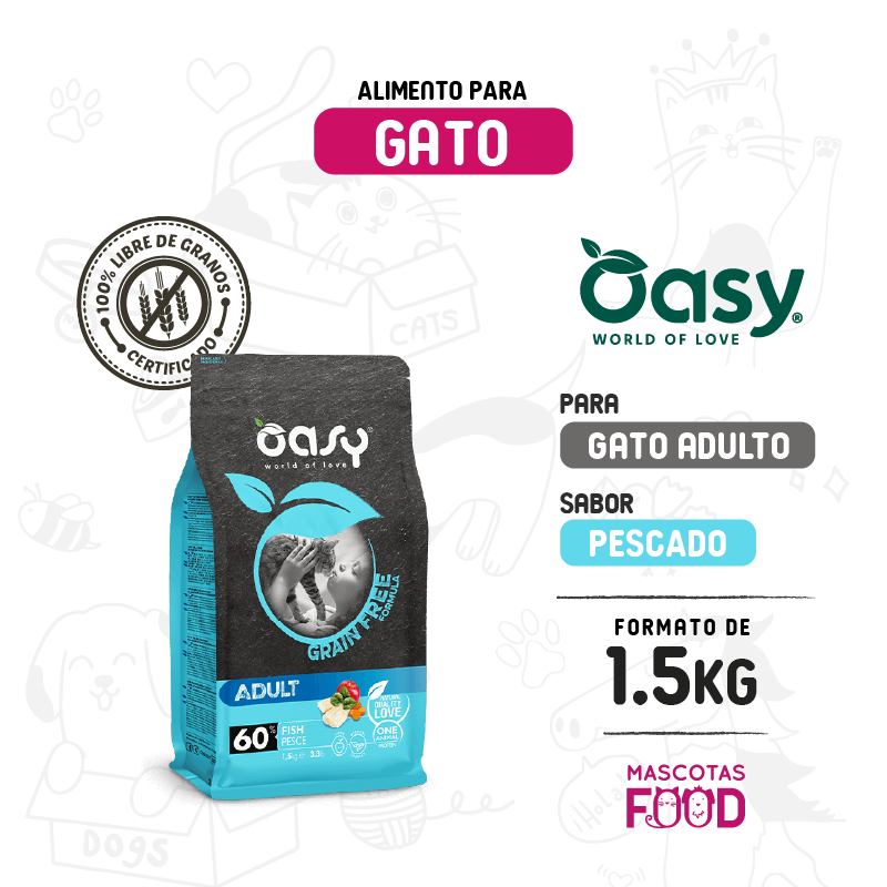 Oasy para Gato adulto libre de granos sabor pescado 1.5KG