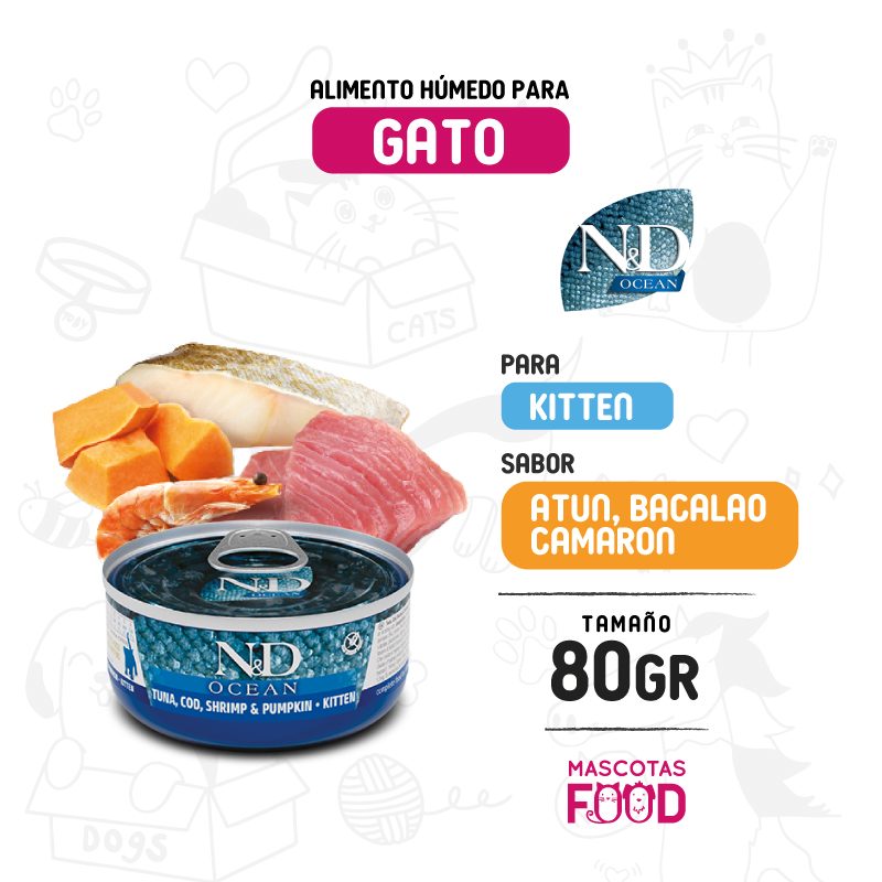 Latita N&D Ocean para Gatito Kitten sabor Atún, Bacalao, Camarón y Calabaza 80 GR