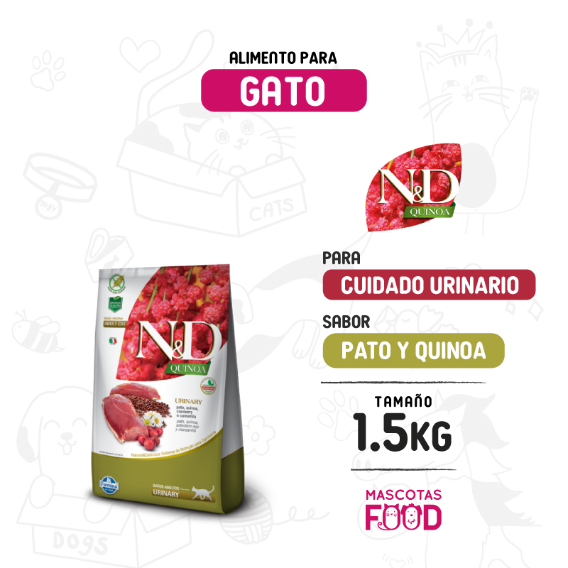 N&D Quinoa Urinario para Gato adulto sabor Pato manzanilla 1.5 KG
