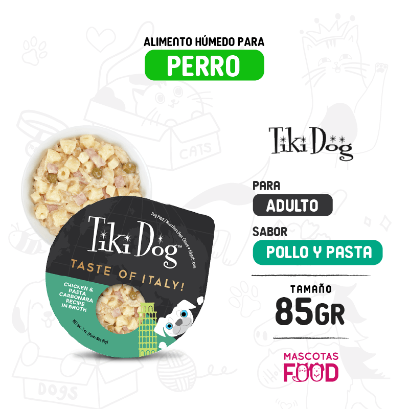 Inicio 11 Tiki Dog Taste of Italy Sabor Pollo y pasta Carbonara 85 GR