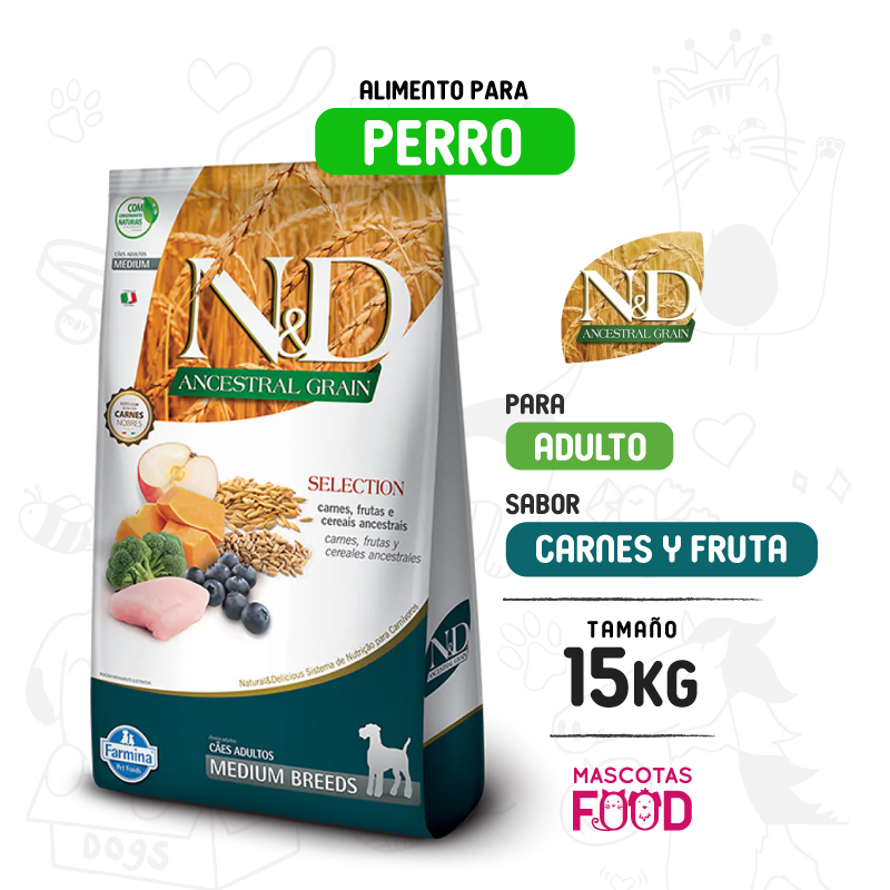 Inicio 25 N&D Ancestral Grain para perro sabor Carnes, fruta y cereales ancestrales 15 KG